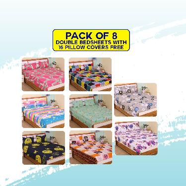 Pack Of 8 Double Bed Sheets With16 Pillow Covers Free (8BS64)