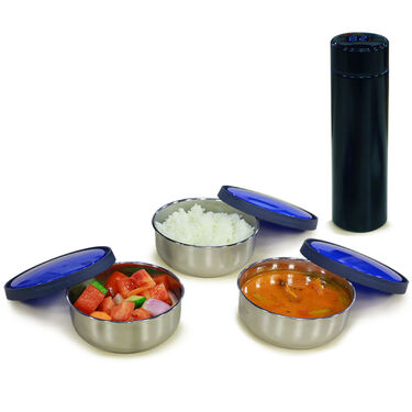 3 Push & Lock Multipurpose Steel Lunch Box + Free Hot & Cold Flask with Temperature Display (3LBWF)