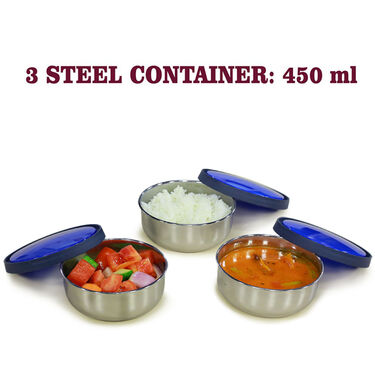 3 Push & Lock Multipurpose Steel Lunch Box + Free Hot & Cold Flask with Temperature Display (3LBWF)