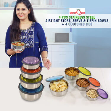 4 Pcs Stainless Steel Airtight Store, Serve & Tiffin Bowls + 4 Colored Lids (8PL4)
