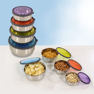 4 Pcs Stainless Steel Airtight Store, Serve & Tiffin Bowls + 4 Colored Lids (8PL4)