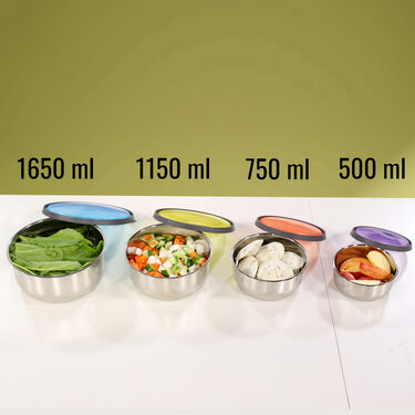 4 Pcs Stainless Steel Airtight Store, Serve & Tiffin Bowls + 4 Colored Lids (8PL4)