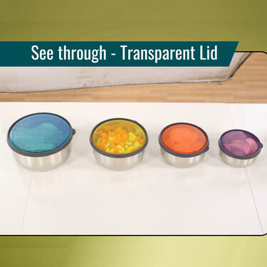 4 Pcs Stainless Steel Airtight Store, Serve & Tiffin Bowls + 4 Colored Lids (8PL4)
