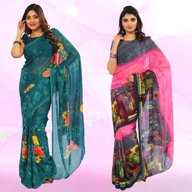 Pack of 10 Printed Georgette Sarees with 10 Blouse Pieces Free (10G3)