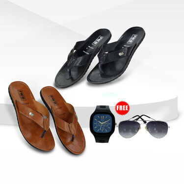Pack of 2 Men's Leatherite Sandals + Free Sports Watch And Sunglasses (SW55)