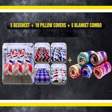 5 Bedsheets + 10 Pillow Covers + 5 Blankets Combo (5BS5FB1)