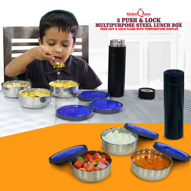 3 Push & Lock Multipurpose Steel Lunch Box + Free Hot & Cold Flask with Temperature Display (3LBWF)