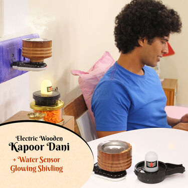 Electric Wooden Kapoor Dani + Water Sensor Glowing Shivling (PD10)