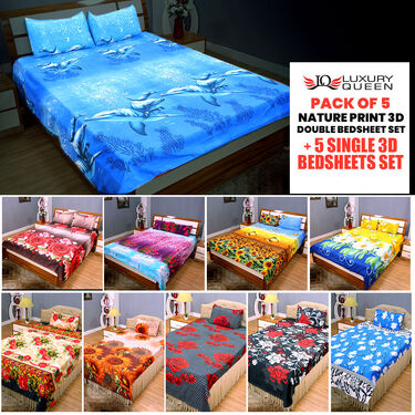 Pack of 5 Nature Print Double Bedsheets Set with 5 Single Bedsheets Set (5DSBS5)