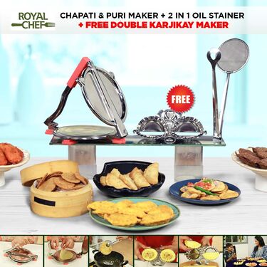 Royal Chef Chapati & Puri Maker + 2 in 1 Oil Strainer + Free Double Karjikayi Maker