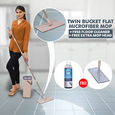 Twin Bucket Flat Microfiber Mop + Free Floor Cleaner